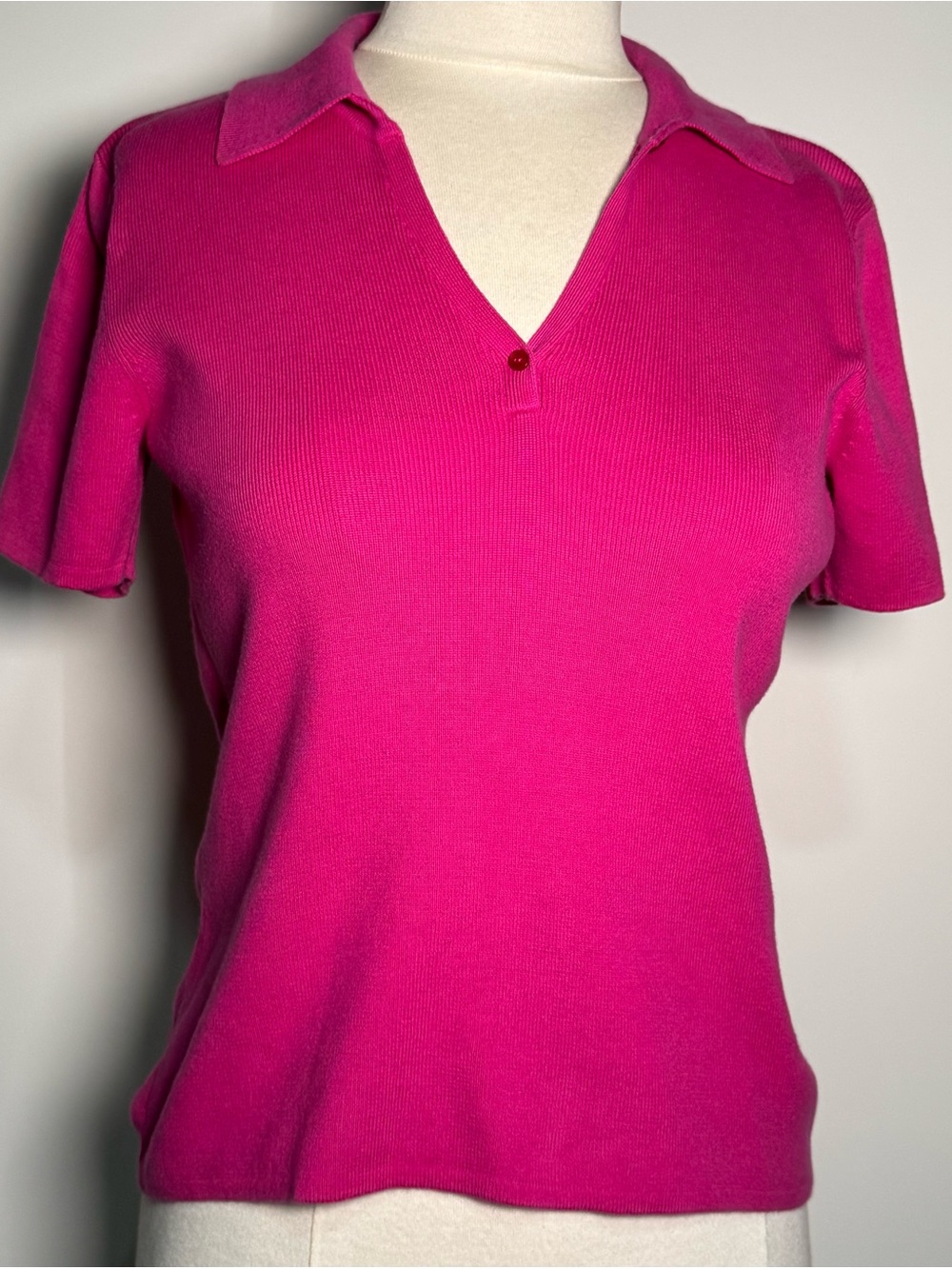 Women's Bright Fuchsia Knit Polo-Style V Neck Short Sleeve Top